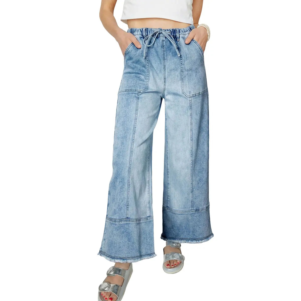 Shewin 2026 Spring/Summer Women'S High Waist Wide Leg Jeans Casual Stretch Denim Pants with Drawstring Waist and Pockets for Daily Wear Springstatements