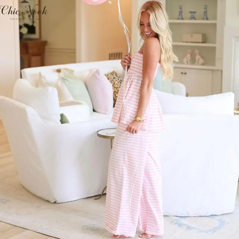 Women'S Striped Flowy Babydoll Bandeau Ruffle Tube Tops and Loose High Waist Long Pants Springstatements