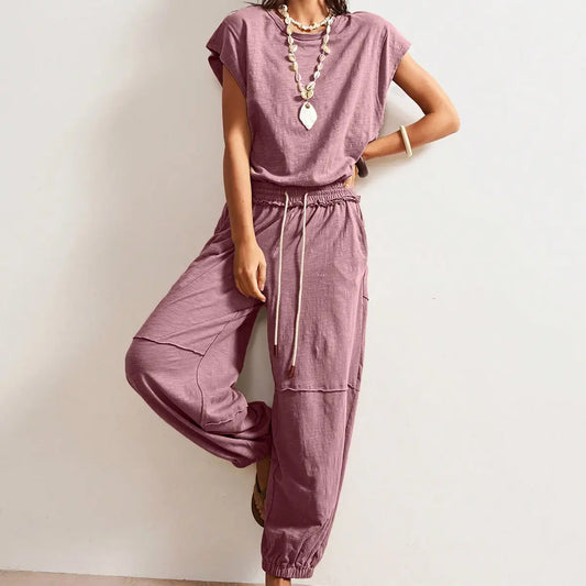 Tanming Women'S Casual Sleeveless One Piece Jumpsuits Crewneck Cap Sleeve Drawstring Romper Springfresh One Piece Outfits with Pockets