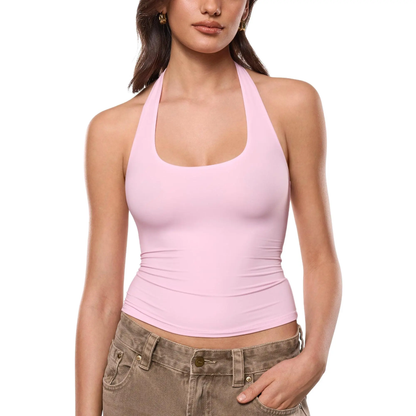 Women's Soft Deep Halter Neck Double Lined Sleeveless Tank Tops