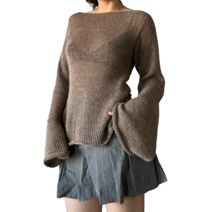 Women'S Tie Back Sweaters Long Sleeve Boat Neck Solid Color Knit Pullover Casual Tops