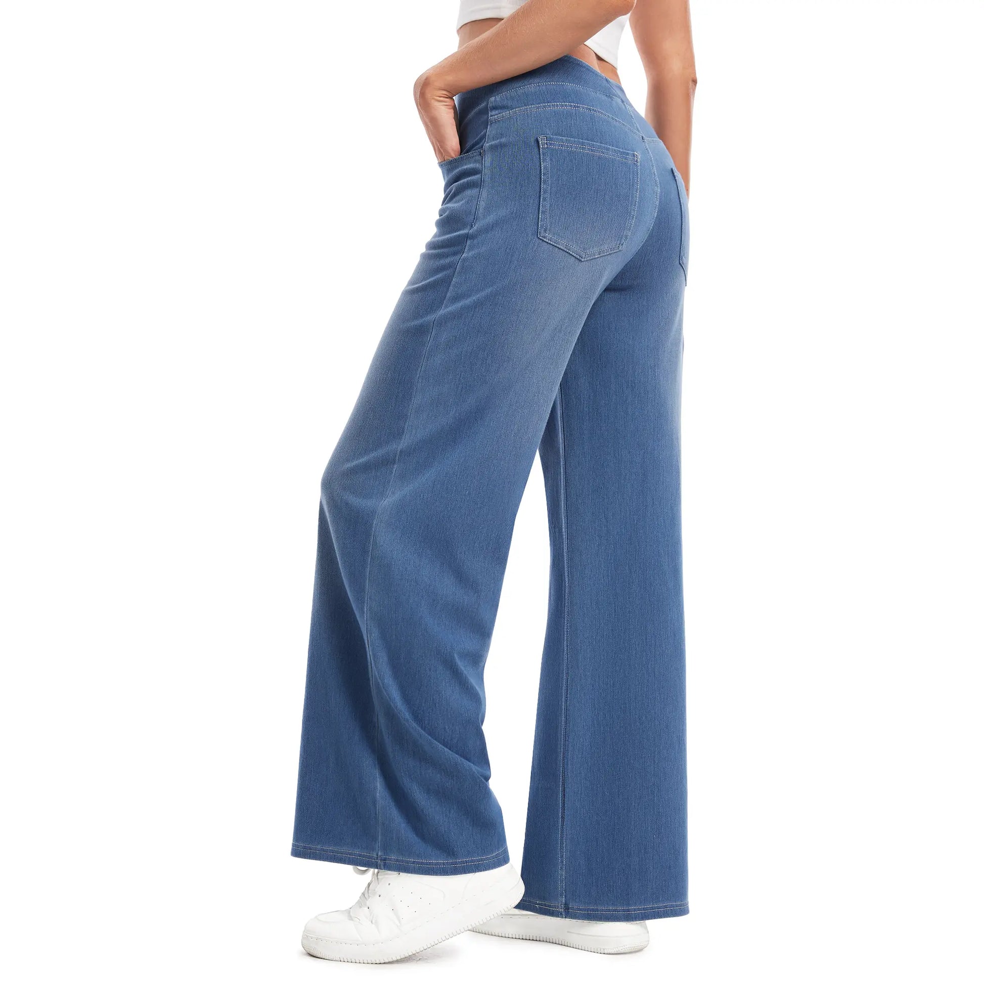 YUCOLEN Wide Leg Stretchy Jeans for Women Loose Fit Elastic High Waist Pants Pull on Baggy Fit Jeans Tummy Control Trousers Casual Work Wear (Regular Inseam)