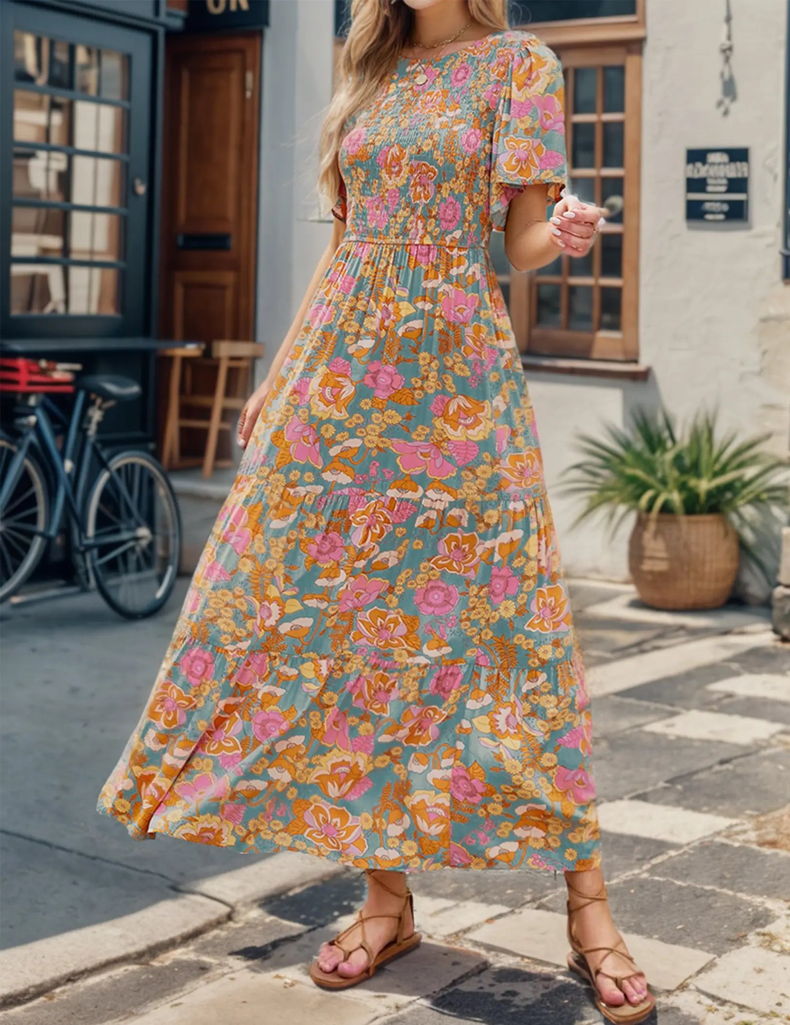 Zeagoo Live Women'S 2025 Summer Casual Floral Print Short Flutter Sleeve Crew Neck Smocked High Waist Flowy Maxi