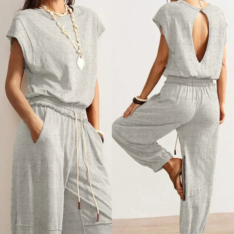 Tanming Women'S Casual Sleeveless One Piece Jumpsuits Crewneck Cap Sleeve Drawstring Romper Springfresh One Piece Outfits with Pockets