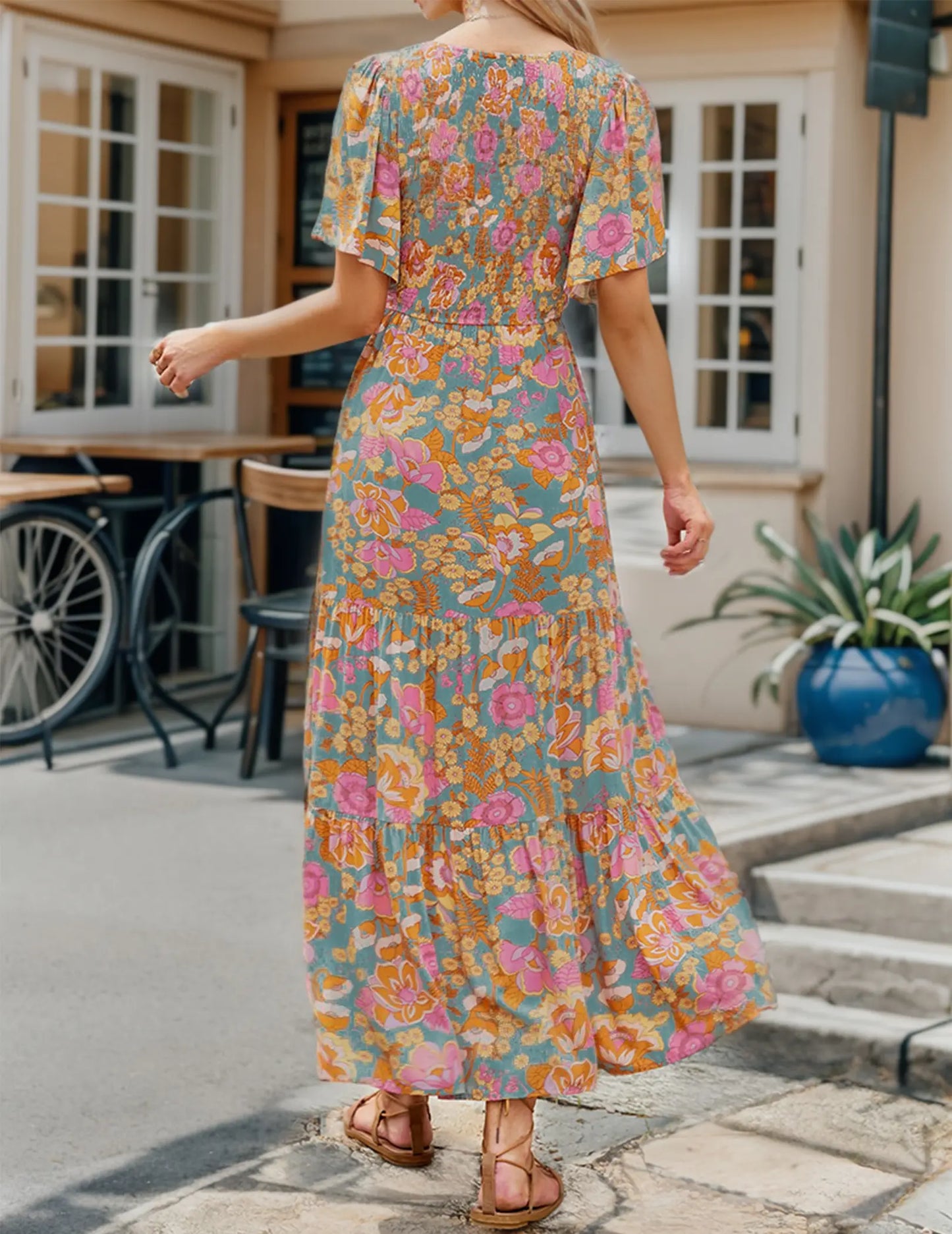 Zeagoo Live Women'S 2025 Summer Casual Floral Print Short Flutter Sleeve Crew Neck Smocked High Waist Flowy Maxi