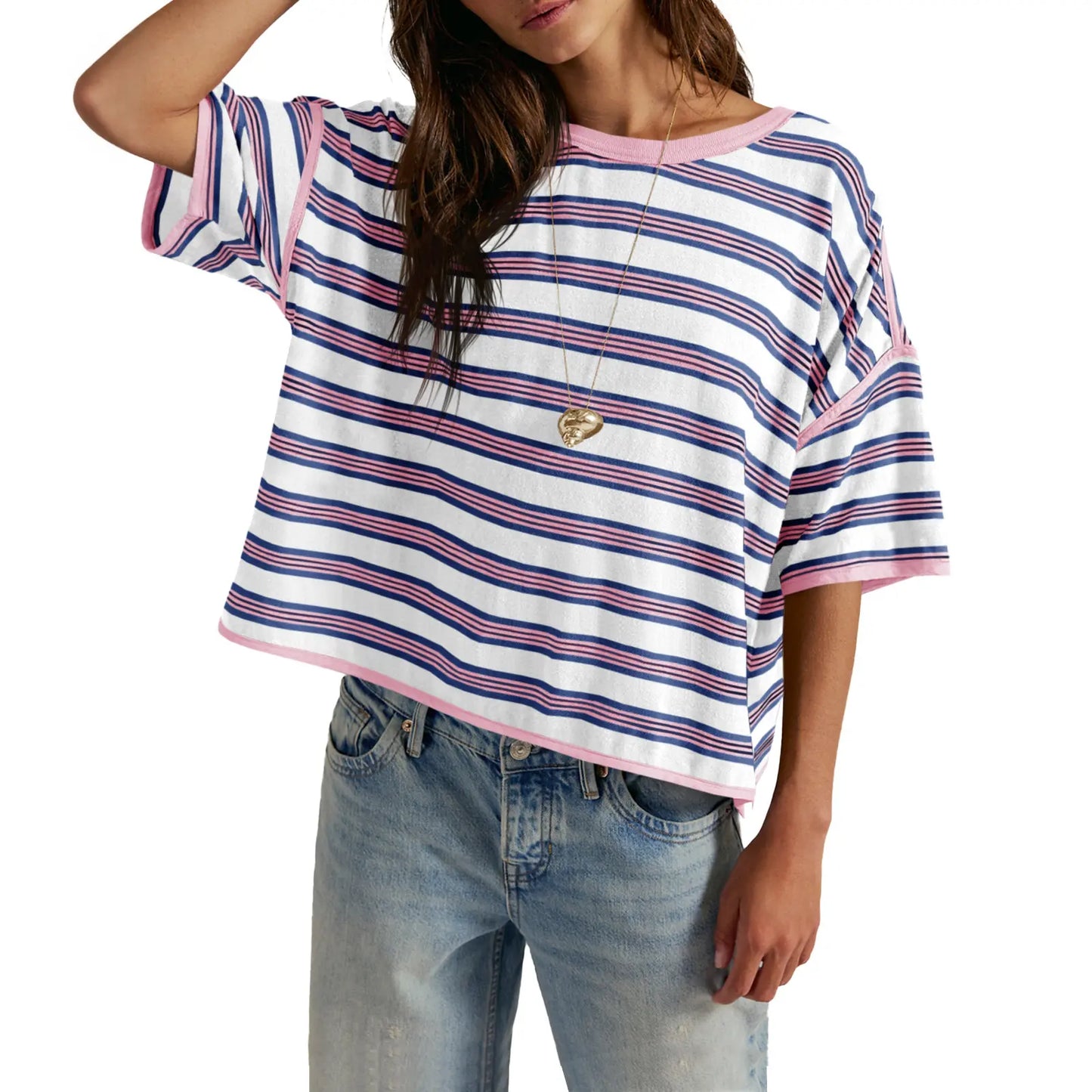 TANKANEO Women’S Striped Oversized T Shirt Crew Neck Short Sleeve Loose Fit Casual Boxy Tee Tops #Dupe
