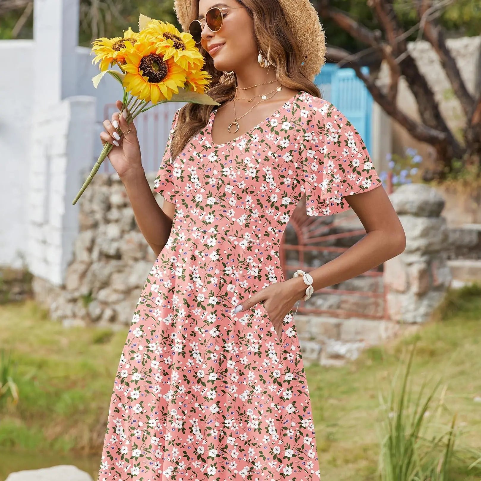 ZEAGOO Dealsforyoudays Womens Summer Dress Casual Swing Floral Ruffle Short Sleeve Sundresses Beach Mini A-Line Shift Dress 2025 with Pockets