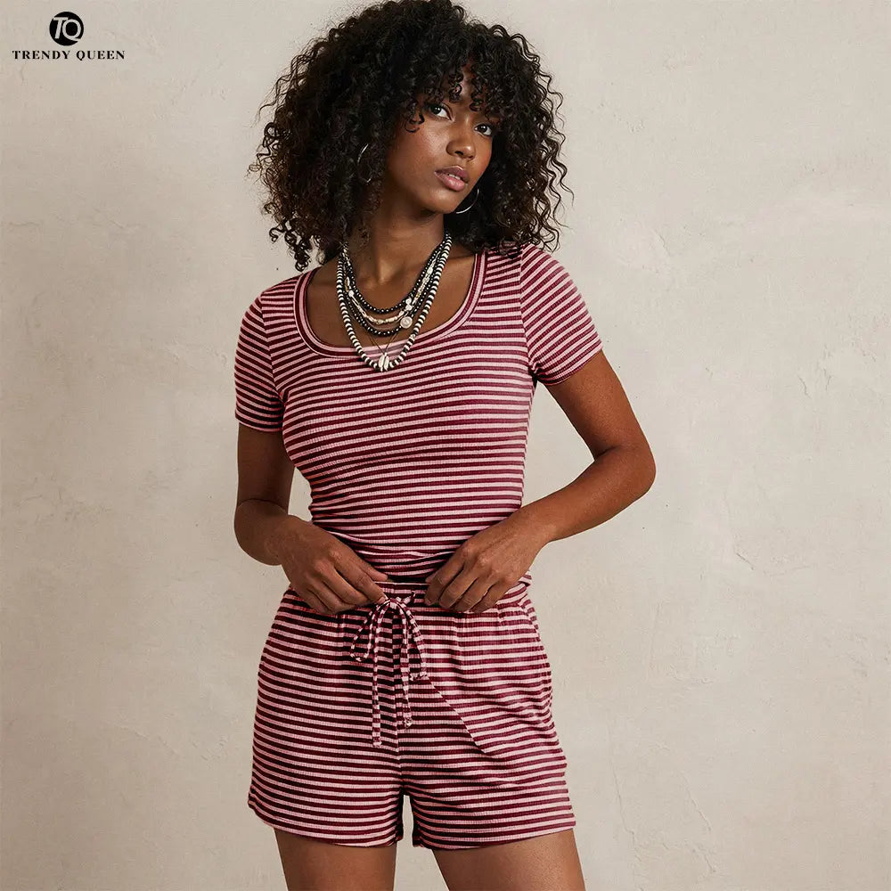 Trendy Queen Women'S 2 Piece Ribbed Striped Set Short Sleeve Scoop Neck Top and Matching Shorts Summer Lounge Wear Casual Shortsleeve