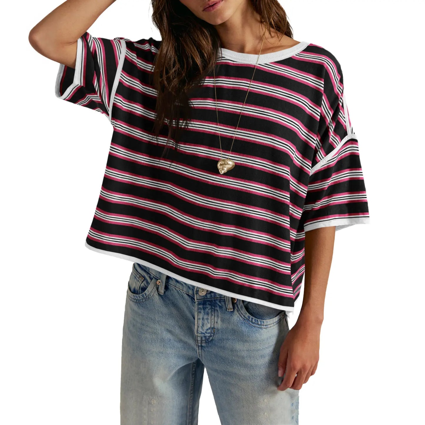 TANKANEO Women’S Striped Oversized T Shirt Crew Neck Short Sleeve Loose Fit Casual Boxy Tee Tops #Dupe