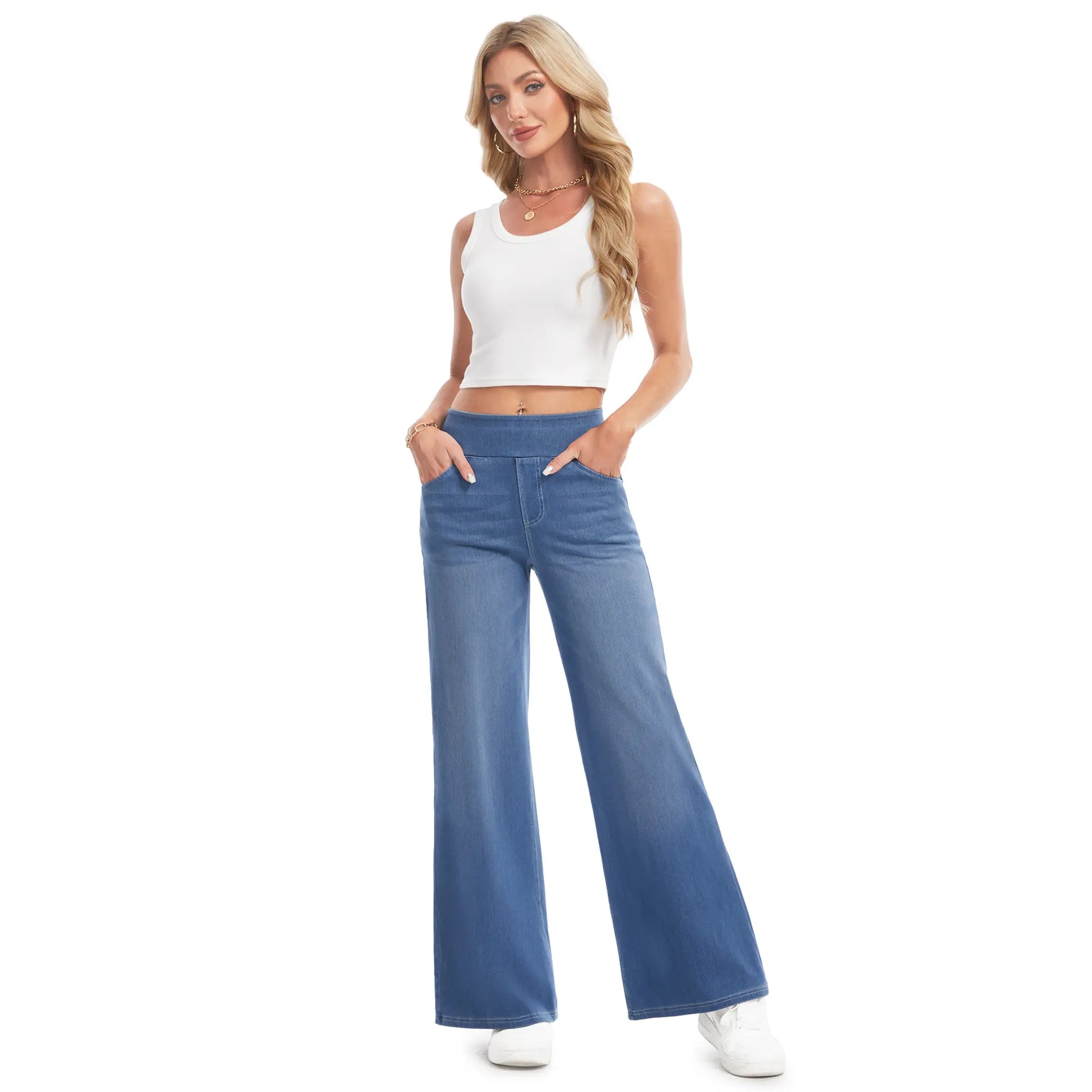 YUCOLEN Wide Leg Stretchy Jeans for Women Loose Fit Elastic High Waist Pants Pull on Baggy Fit Jeans Tummy Control Trousers Casual Work Wear (Regular Inseam)