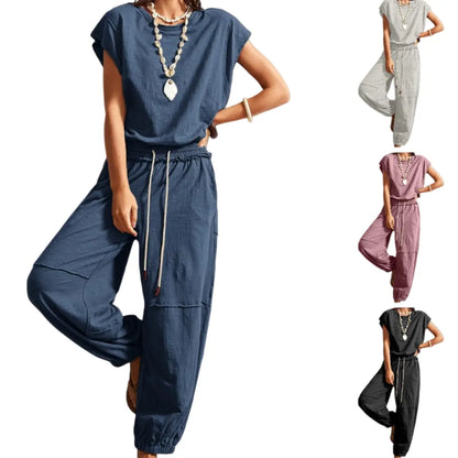 Tanming Women'S Casual Sleeveless One Piece Jumpsuits Crewneck Cap Sleeve Drawstring Romper Springfresh One Piece Outfits with Pockets