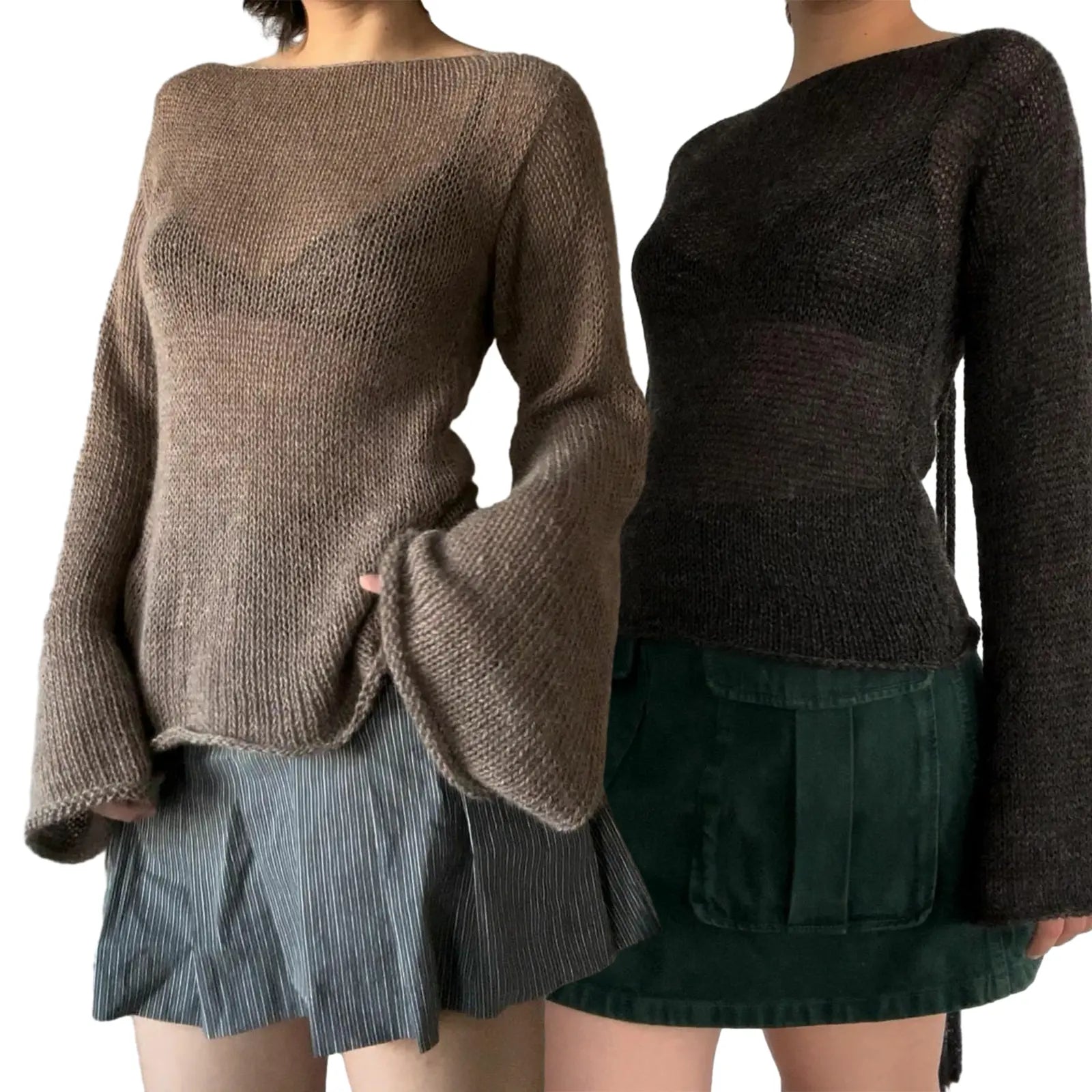 Women'S Tie Back Sweaters Long Sleeve Boat Neck Solid Color Knit Pullover Casual Tops