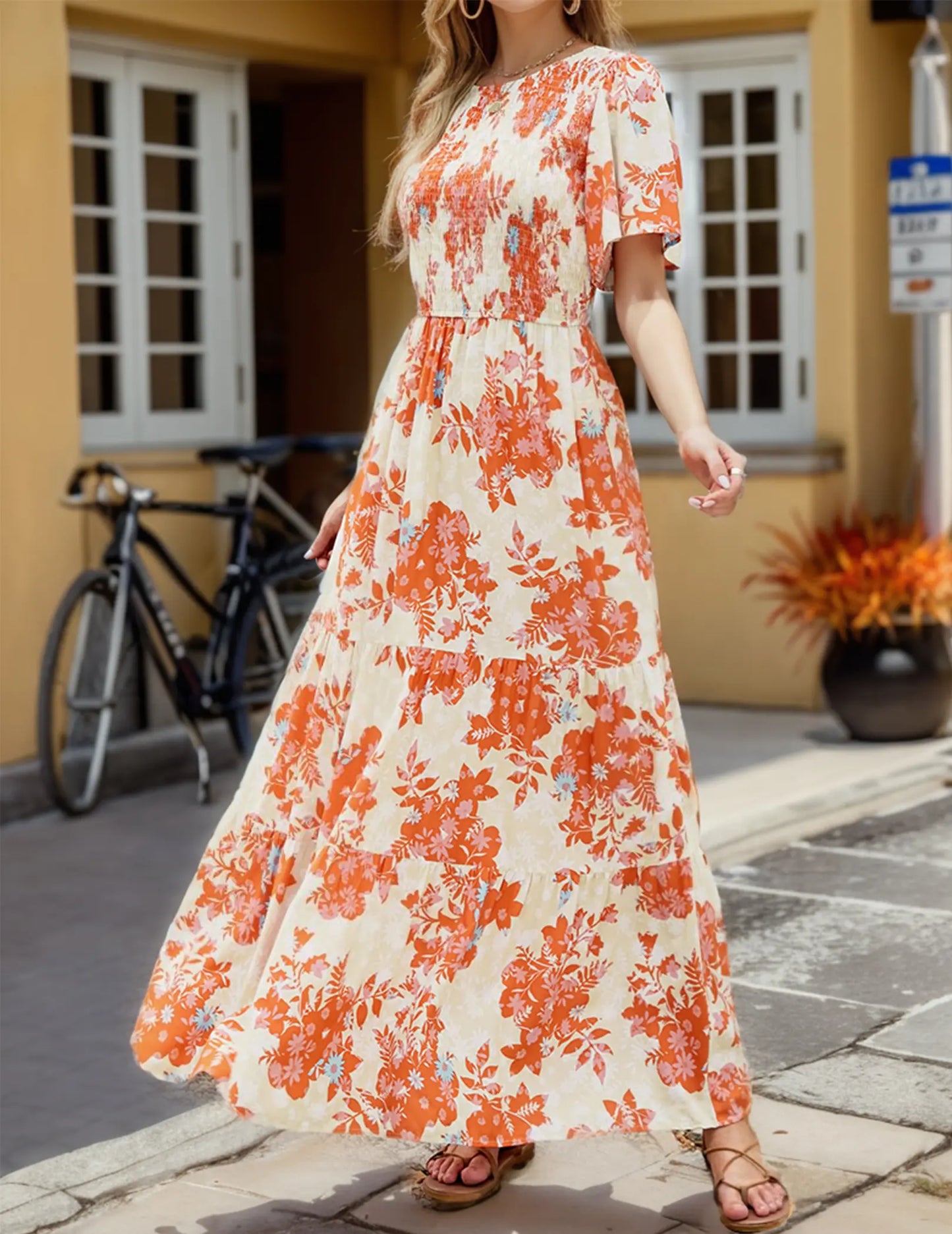 Zeagoo Live Women'S 2025 Summer Casual Floral Print Short Flutter Sleeve Crew Neck Smocked High Waist Flowy Maxi