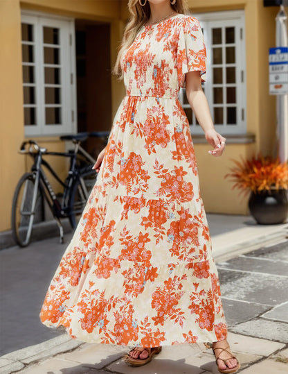 Zeagoo Live Women'S 2025 Summer Casual Floral Print Short Flutter Sleeve Crew Neck Smocked High Waist Flowy Maxi