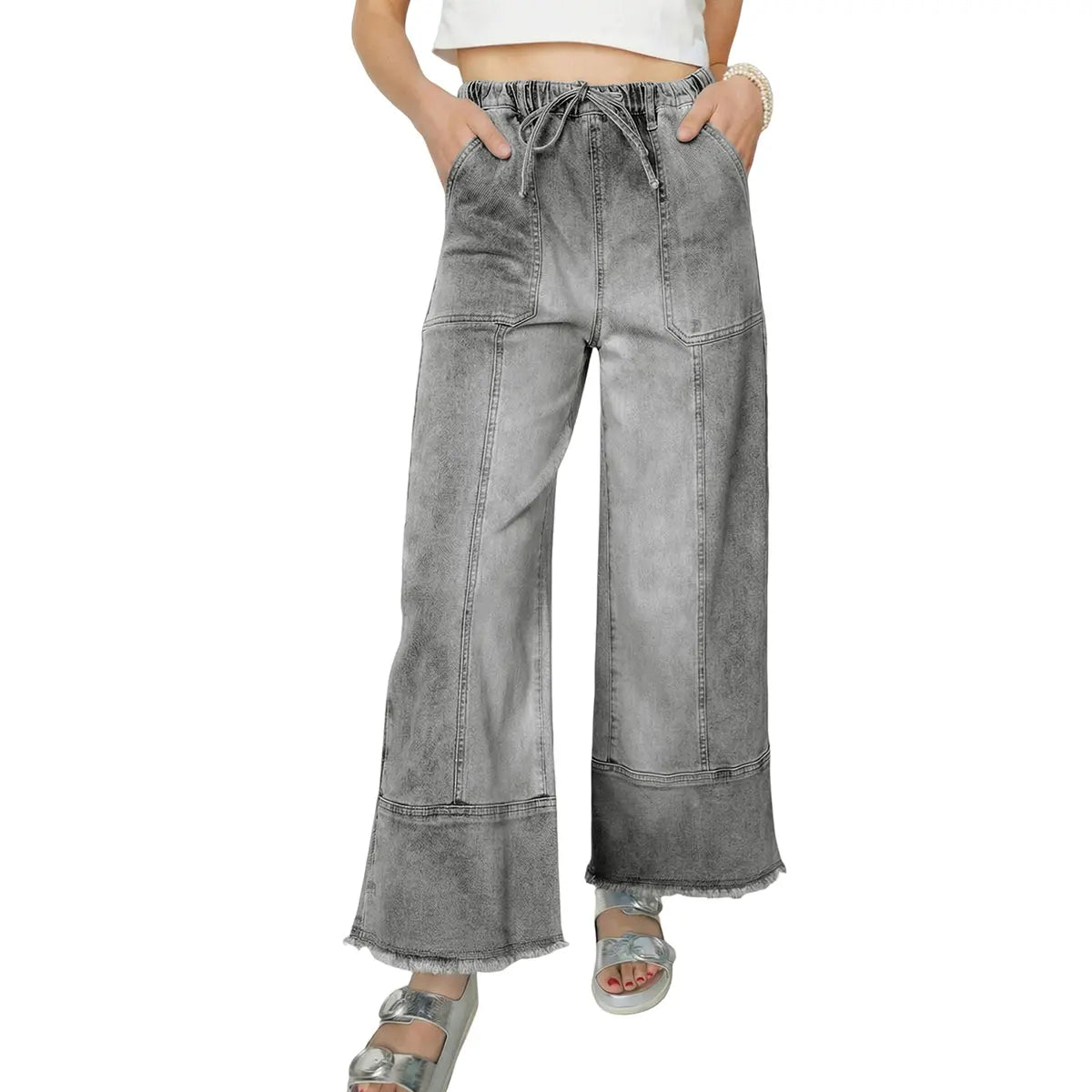 Shewin 2026 Spring/Summer Women'S High Waist Wide Leg Jeans Casual Stretch Denim Pants with Drawstring Waist and Pockets for Daily Wear Springstatements