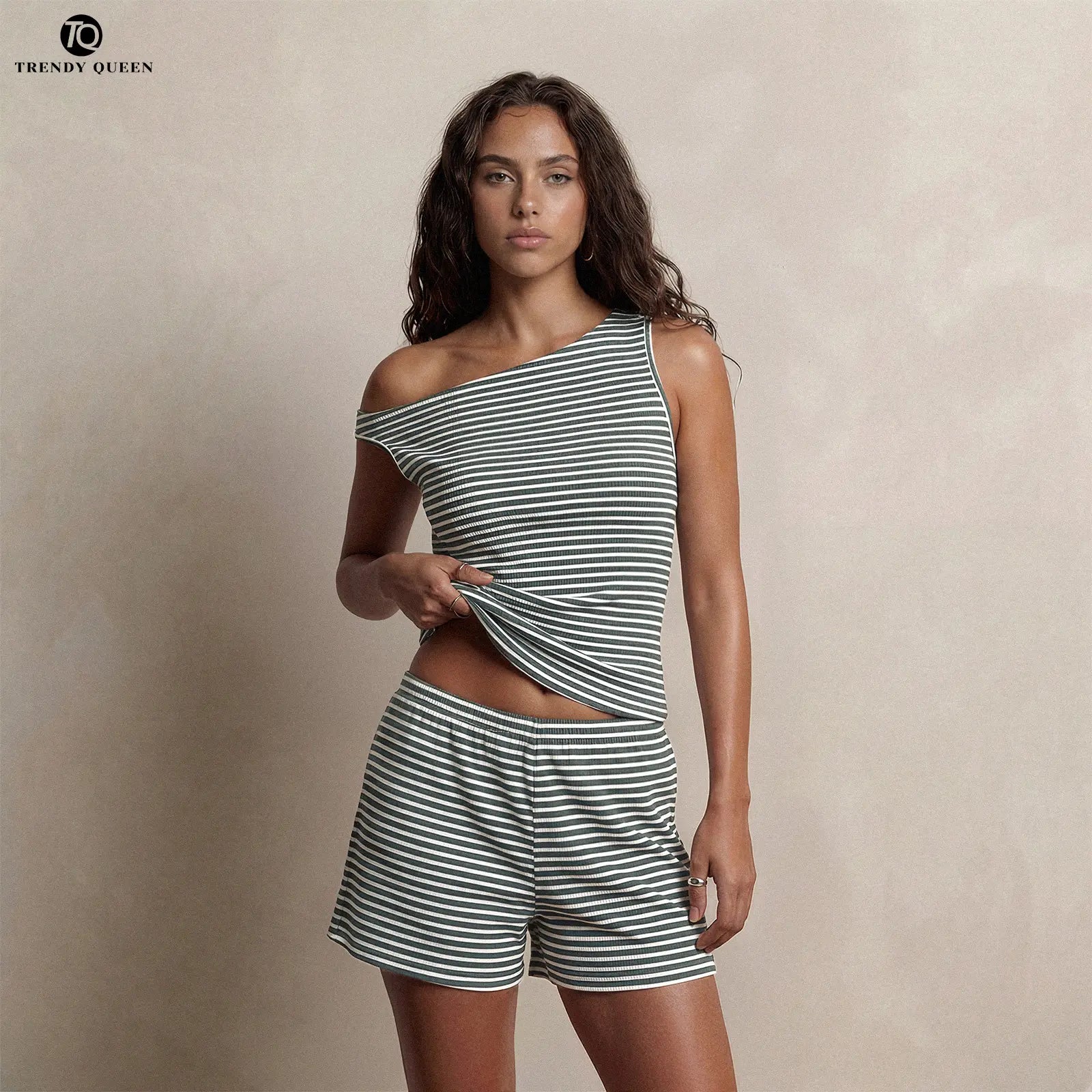 Trendy Queen Women'S Striped One Shoulder Two Piece Set - Summer 2026 Viral OOTD Ruched Sleeveless Top & Matching Shorts Vacation Outfit