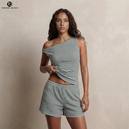 Trendy Queen Women'S Striped One Shoulder Two Piece Set - Summer 2026 Viral OOTD Ruched Sleeveless Top & Matching Shorts Vacation Outfit