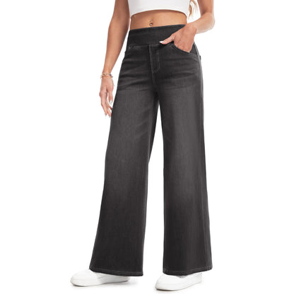YUCOLEN Wide Leg Stretchy Jeans for Women Loose Fit Elastic High Waist Pants Pull on Baggy Fit Jeans Tummy Control Trousers Casual Work Wear (Regular Inseam)