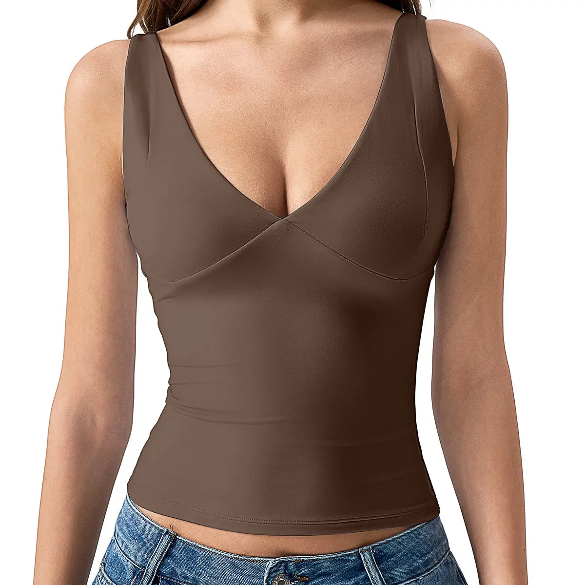 QINSEN Womens Double Lined Tank Tops Sexy V Neck Seamed Cup Adjustable Spaghetti Straps Camisole Shirts