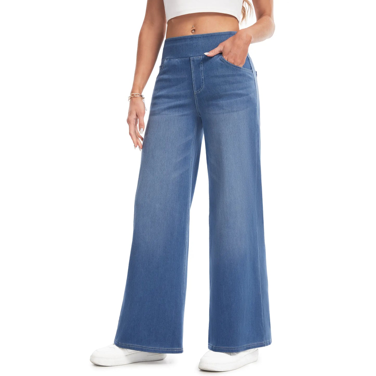 YUCOLEN Wide Leg Stretchy Jeans for Women Loose Fit Elastic High Waist Pants Pull on Baggy Fit Jeans Tummy Control Trousers Casual Work Wear (Regular Inseam)