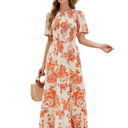 Zeagoo Live Women'S 2025 Summer Casual Floral Print Short Flutter Sleeve Crew Neck Smocked High Waist Flowy Maxi