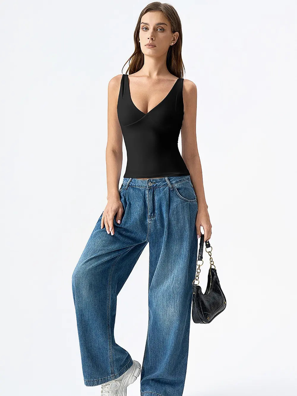 QINSEN Womens Double Lined Tank Tops Sexy V Neck Seamed Cup Adjustable Spaghetti Straps Camisole Shirts