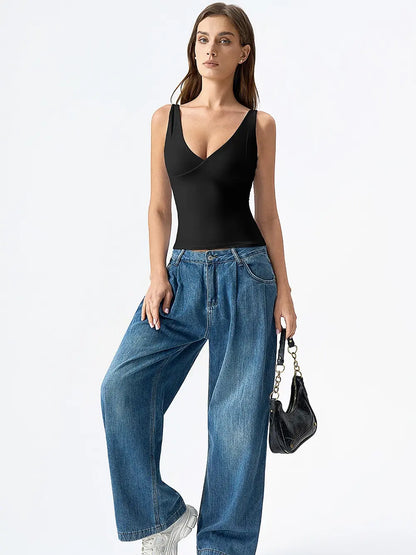 QINSEN Womens Double Lined Tank Tops Sexy V Neck Seamed Cup Adjustable Spaghetti Straps Camisole Shirts