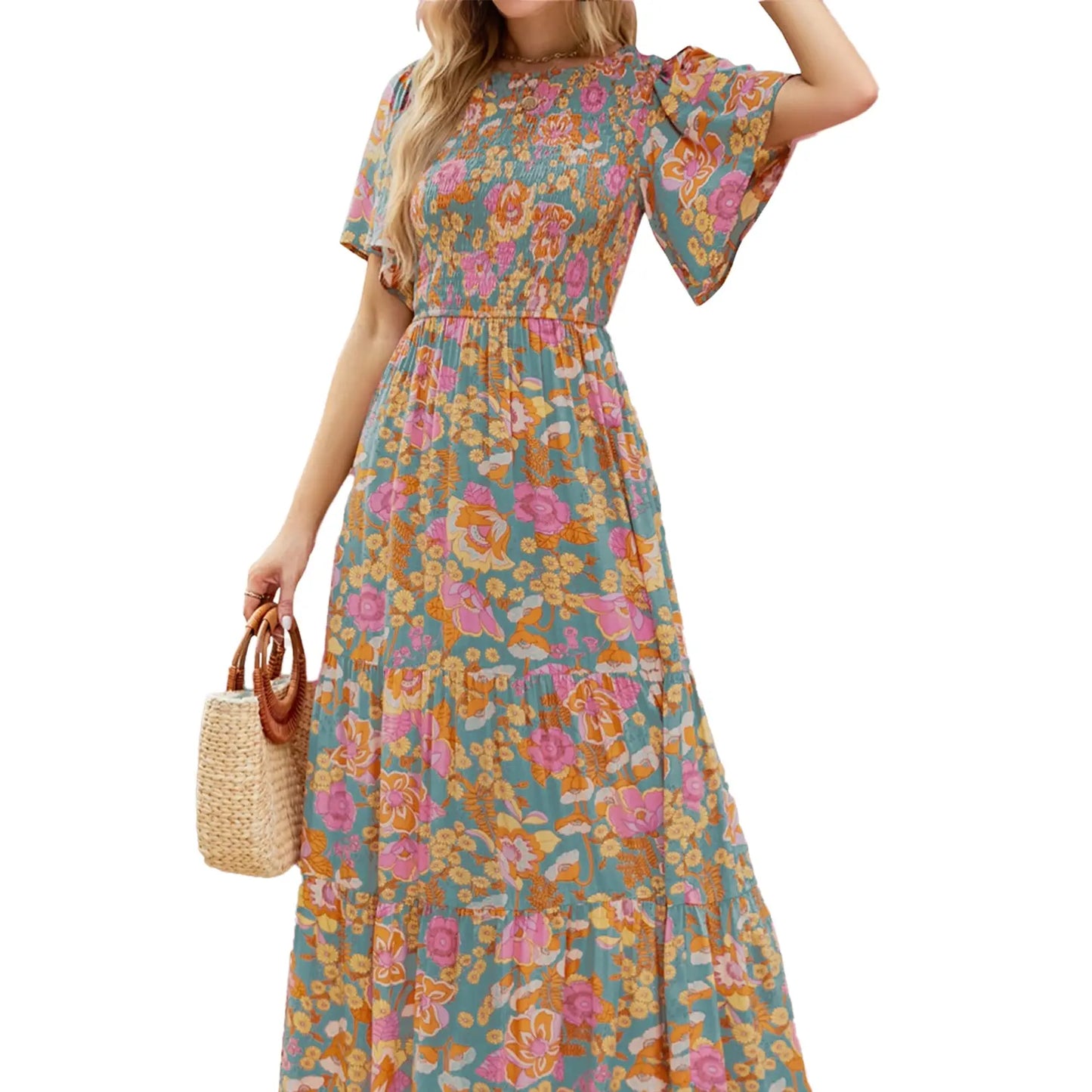 Zeagoo Live Women'S 2025 Summer Casual Floral Print Short Flutter Sleeve Crew Neck Smocked High Waist Flowy Maxi