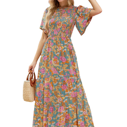 Zeagoo Live Women'S 2025 Summer Casual Floral Print Short Flutter Sleeve Crew Neck Smocked High Waist Flowy Maxi