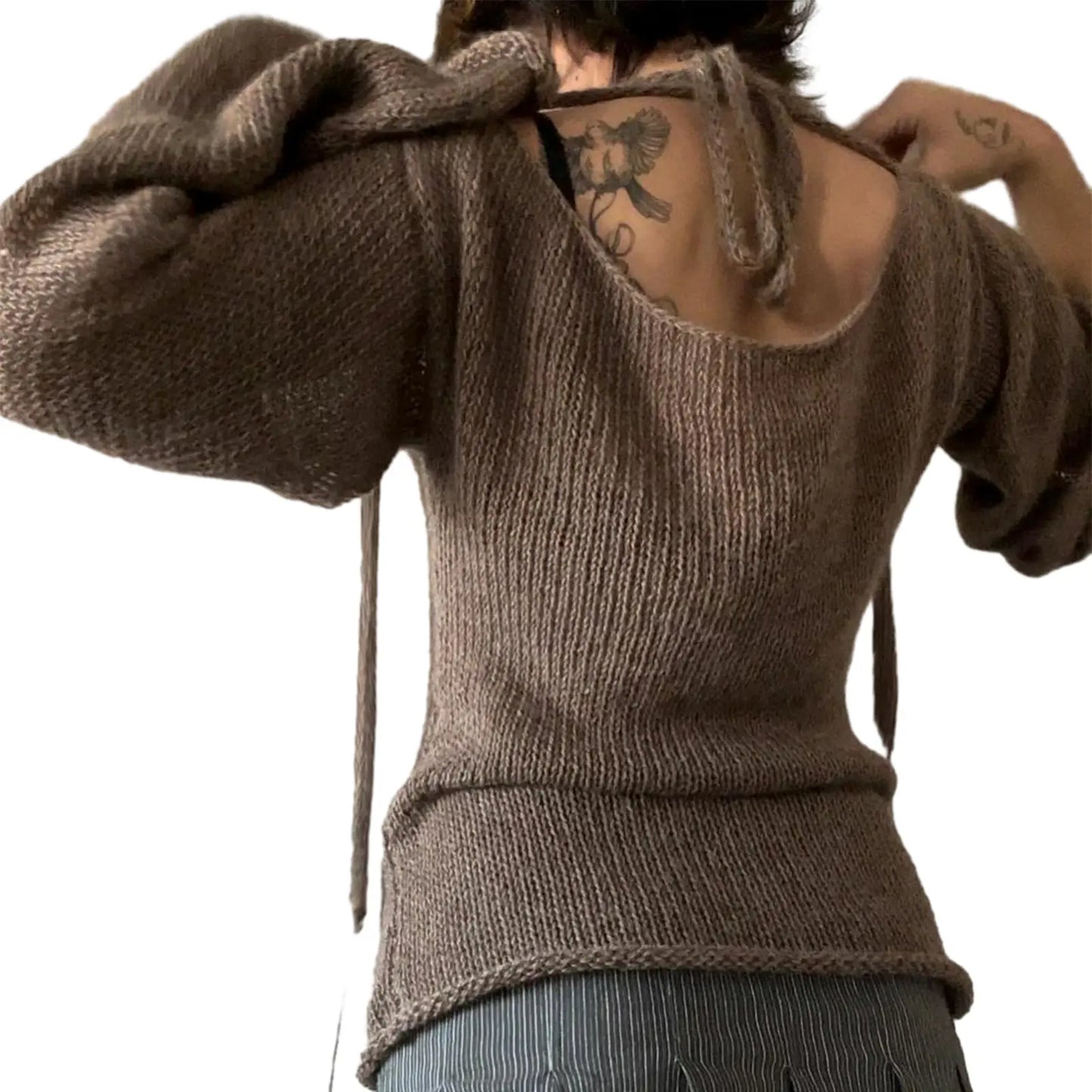 Women'S Tie Back Sweaters Long Sleeve Boat Neck Solid Color Knit Pullover Casual Tops
